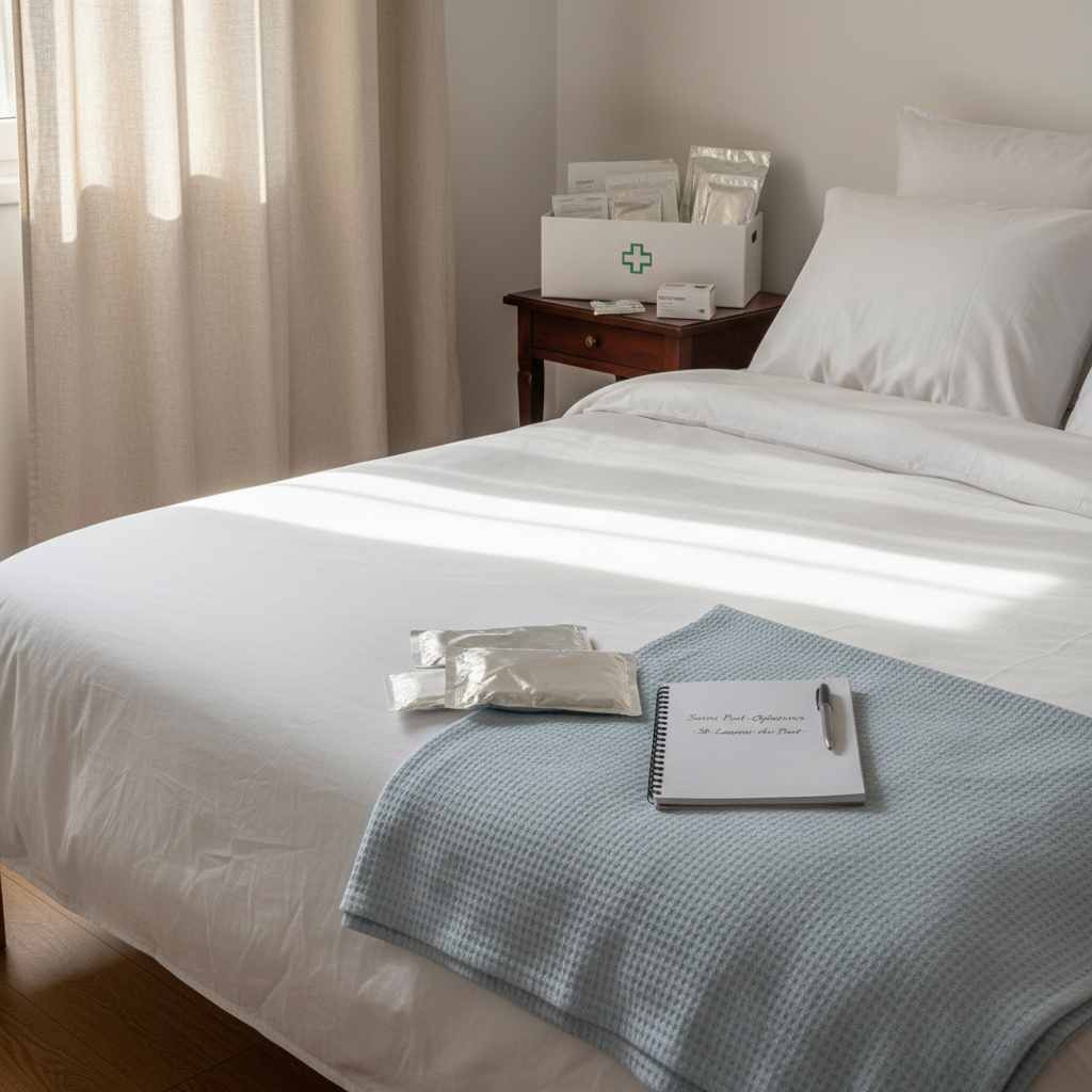 A serene home bedroom corner prepared for post-operative wound care, featuring a neatly made bed with a soft white cover and a folded pale blue medical blanket at the foot. On the bedside table, a discreet medical supplies box, sterile dressing packs, and a small notepad for follow-up care instructions are carefully arranged. Gentle late-morning light filters through light beige curtains, creating a warm, inviting glow and soft shadows across the textiles. Shot at eye level with balanced composition, the scene conveys quiet comfort and professionalism. Photographic realism highlights textures of cotton, wood, and paper, suggesting attentive, dignified at-home nursing care for patients in Saint-Laurent-du-Pont.