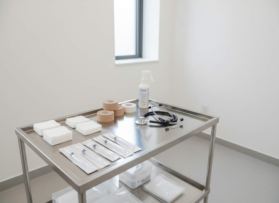 A close-up of a spotless, stainless-steel medical cart prepared for home nursing care, positioned in a minimalist examination room. The cart holds carefully aligned sterile gauze, adhesive strips, a stethoscope, disinfectant spray, and single-use syringes still sealed in transparent sterile packaging. The white walls and pale grey flooring reflect soft, overcast natural light streaming from a high window, creating a clean, clinical clarity without harsh contrasts. The camera is slightly elevated, focusing sharply on the organized instruments while the background fades into subtle blur. The mood is highly professional, safe, and reassuring, with photographic realism emphasizing meticulous hygiene and modern home-care standards.